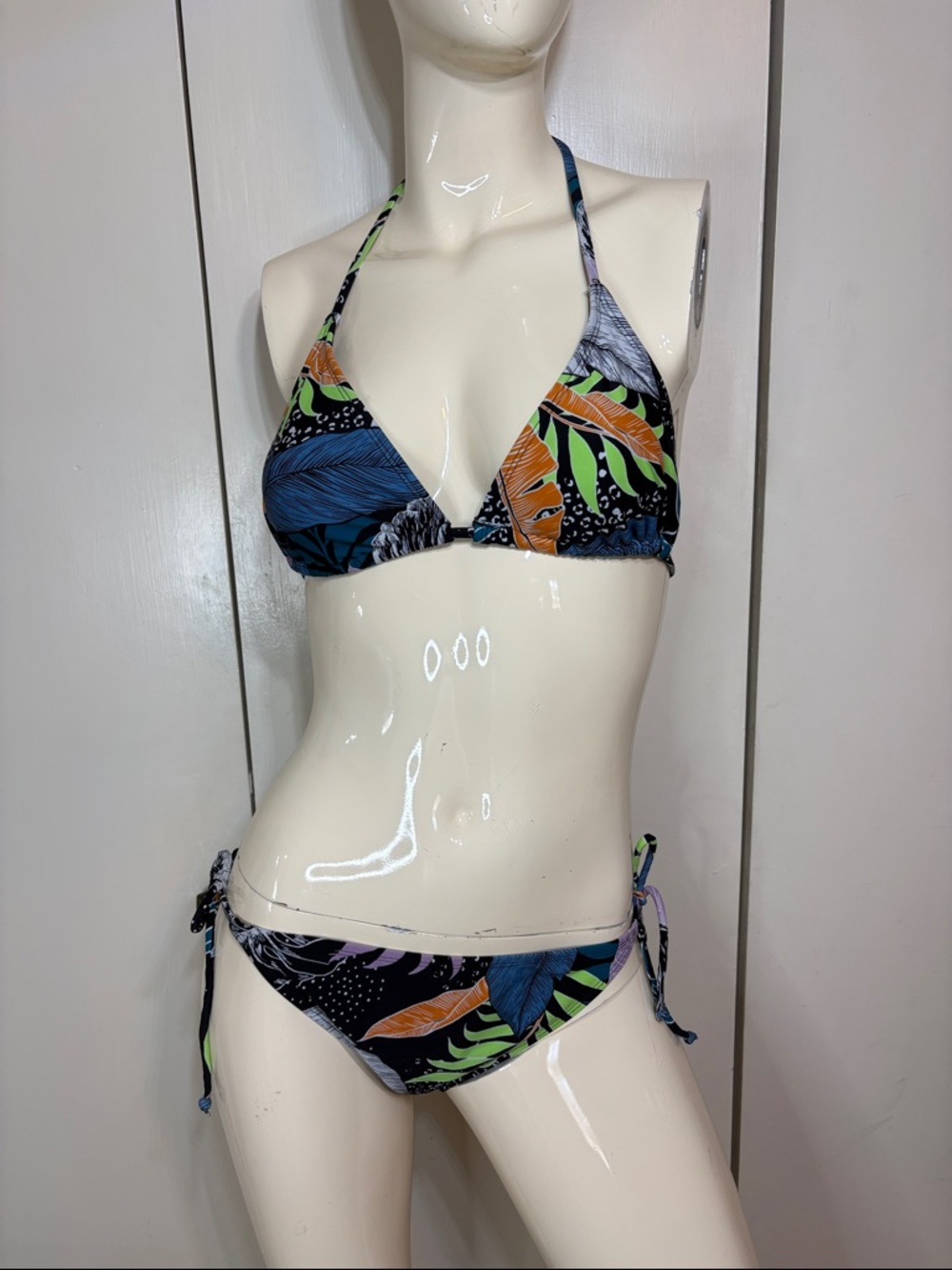 Salt + Cove Black Triangle Bikini with Orange, Green & Teal Tropical Leaves